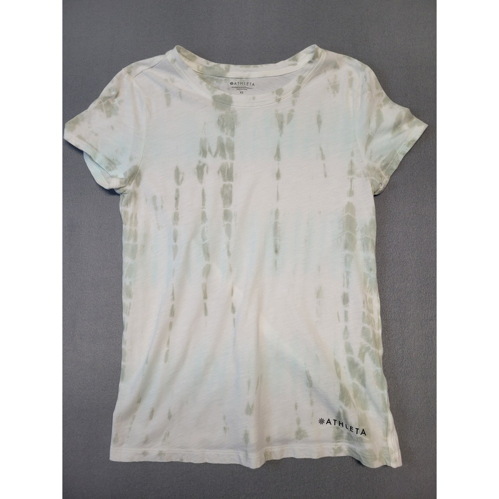 Athleta XS T Shirt Top White Green Tie Dye Short Sleeve Cotton Casual
